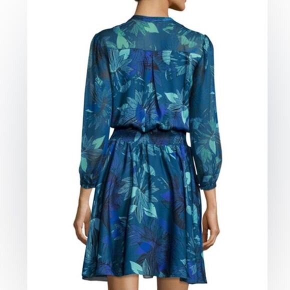 Rebecca Taylor Smocked Tahitian Flower 100% Silk Chiffon Dress Blue Floral Sz 4 - Picture 2 of 11